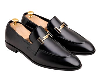 Luxury Handmade Black Leather Horsebit Loafers for Men – Classic Slip On Dress & Formal Shoes