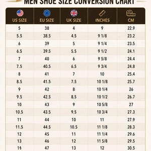 May include: A ShiningZone shoe size conversion chart for footwear, featuring a table with columns for US, EU, and UK sizes, alongside measurements in inches and centimeters. The chart includes rows for sizes ranging from 5 to 15 in US sizing.