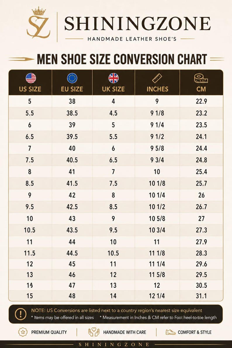 May include: A ShiningZone shoe size conversion chart for footwear, featuring a table with columns for US, EU, and UK sizes, alongside measurements in inches and centimeters. The chart includes rows for sizes ranging from 5 to 15 in US sizing.