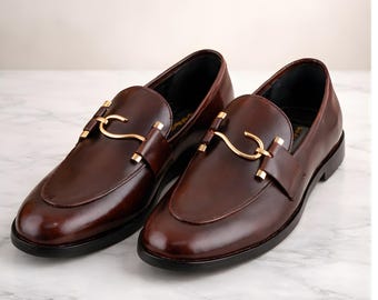 Handmade Dark Brown Leather Horsebit Loafers for Men, Classic Slip On Dress Shoes,