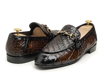 Men’s Crocodile Leather Loafers | Handmade Luxury Woven Dress Shoes | Brown Exotic Formal Shoes
