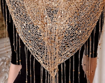Handmade triangle scarf with sequins. Versatile knitted scarf-cape belt embellishment. Wedding shawl.