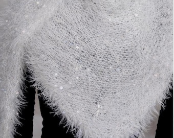 Hand-knitted triangle white fluffy shawl. Faux mink imitation with holographic oval sequins. Vintage.