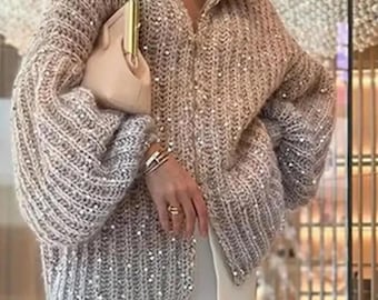 Oversized knit cardigan, Golden Swingstone, short sleeve blouse for winter, black knitted cardigan with leaves.