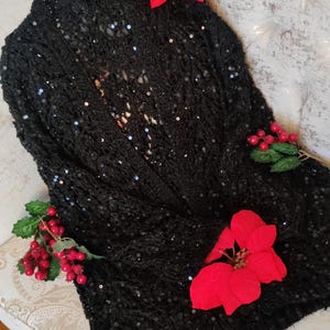 May include: A black sequined cardigan with an open front. The knitted garment is adorned with red poinsettias and berries, evoking a festive atmosphere. The sweater is presented on a patterned surface.