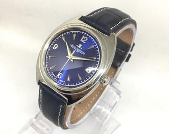 Jaeger LeCoultre Club vintage de los años 70: esfera azul, correa de cuero negra, cuerda manual, reloj de pulsera