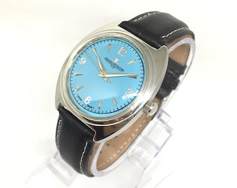 Jaeger LeCoultre Club vintage de los años 70: esfera Tiffany, correa de cuero negro, cuerda manual, reloj de pulsera