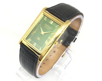 Vintage Seiko SQ Quartz Tank : Roman Dial, Black Leather Band, Green & Golden, Wrist Watch