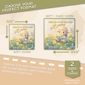 May include: Two square books titled First Book of Prayers for Emma, featuring a cartoon lamb in a field of flowers. One book is labeled 5x5 inches as a soft cover, and the other is labeled 8x8 inches as a soft or hard cover. Text includes Choose Your Perfect Format.
