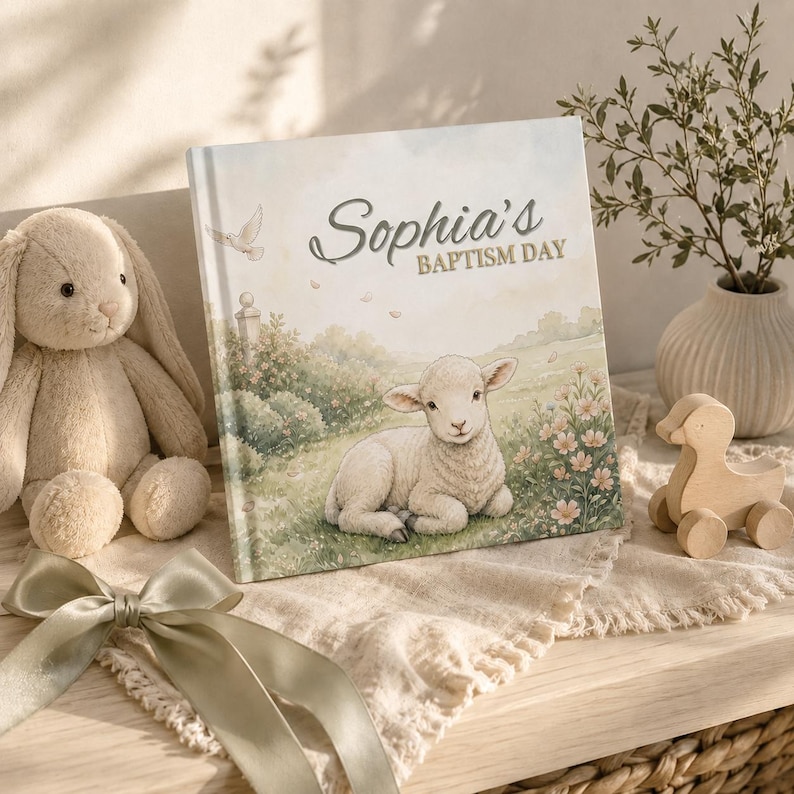 K&ouml;nnte beinhalten: Ein quadratisches Hardcover-Buch mit dem Titel Sophia's Baptism Day, das eine Aquarellillustration eines Lammes zeigt, das auf einer Wiese mit Blumen ruht. Das Cover enth&auml;lt eine kleine wei&szlig;e Taube sowie sanfte Gr&uuml;n- und Beiget&ouml;ne.