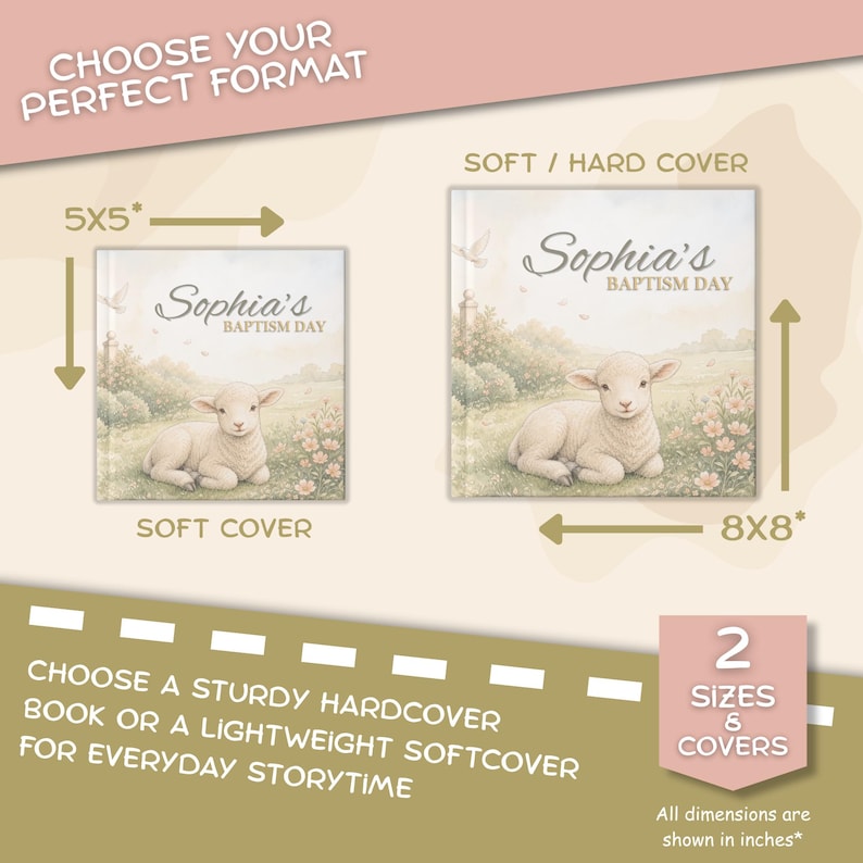 K&ouml;nnte beinhalten: Zwei Buchoptionen mit dem Titel Sophia's Baptism Day und einer Lamm-Illustration. Eines ist ein Softcover im Format 5x5 Zoll, das andere ein Soft- oder Hardcover im Format 8x8 Zoll. Text umfasst Choose Your Perfect Format und 2 Sizes & Covers.
