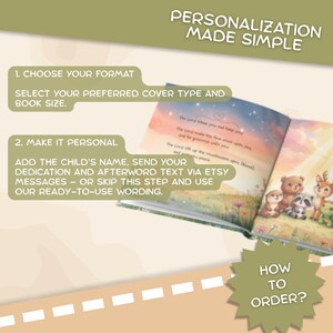 May include: An open children's book with illustrations of forest animals and text. The image includes instructions: PERSONALIZATION MADE SIMPLE, 1. CHOOSE YOUR FORMAT, 2. MAKE IT PERSONAL, and HOW TO ORDER? The background is light tan with olive green accents.