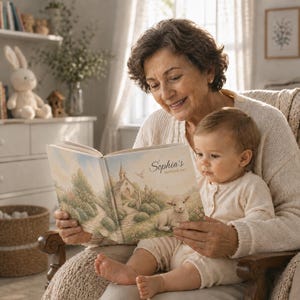 K&ouml;nnte beinhalten: Ein gebundenes Buch mit dem Titel Sophia's Baptism Day, das eine Aquarellillustration einer Steinkirche, eines Weges und eines Lammes zeigt. Das Buch ist aufgeschlagen und pr&auml;sentiert das Cover mit sanften Gr&uuml;n- und Beiget&ouml;nen.