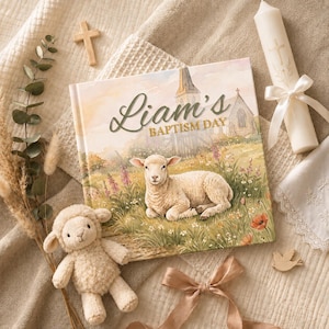 May include: A square book titled Liam's Baptism Day featuring a lamb illustration, a plush lamb toy, a white candle with a cross, a wooden cross, a white lace cloth, and a small wooden dove ornament, all arranged on a textured beige fabric surface.