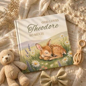 May include: A square hardcover book with a cream-colored cover featuring a sleeping fawn in a field of daisies and lavender. The text on the cover reads GOD LOVES Theodore SO MUCH in a mix of serif and script fonts, set against a soft landscape.