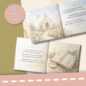 K&ouml;nnte beinhalten: Ein Kinderbuch mit 12 einzigartigen kleinen Gedichten und Aquarellillustrationen. Eine Seite zeigt eine Kapelle, eine Taube und einen Gartenweg. Eine weitere Seite zeigt eine aufgeschlagene Bibel, eine brennende Kerze und eine Muschel.