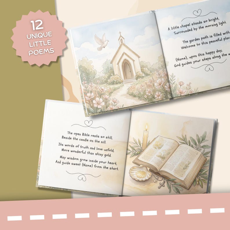 K&ouml;nnte beinhalten: Ein Kinderbuch mit 12 einzigartigen kleinen Gedichten und Aquarellillustrationen. Eine Seite zeigt eine Kapelle, eine Taube und einen Gartenweg. Eine weitere Seite zeigt eine aufgeschlagene Bibel, eine brennende Kerze und eine Muschel.