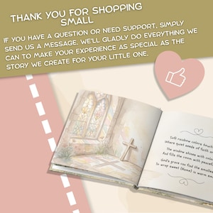 K&ouml;nnte beinhalten: Ein offenes Kinderbuch mit einer Aquarellillustration eines Buntglasfensters und eines Holzkreuzes auf der linken Seite sowie Text auf der rechten Seite. Der obere Text lautet: THANK YOU FOR SHOPPING SMALL. IF YOU HAVE A QUESTION OR NEED SUPPORT, SIMPLY SEND US A MESSAGE. WE'LL GLADLY DO EVERYTHING WE CAN TO MAKE YOUR EXPERIENCE AS SPECIAL AS THE STORY WE CREATE FOR YOUR LITTLE ONE.
