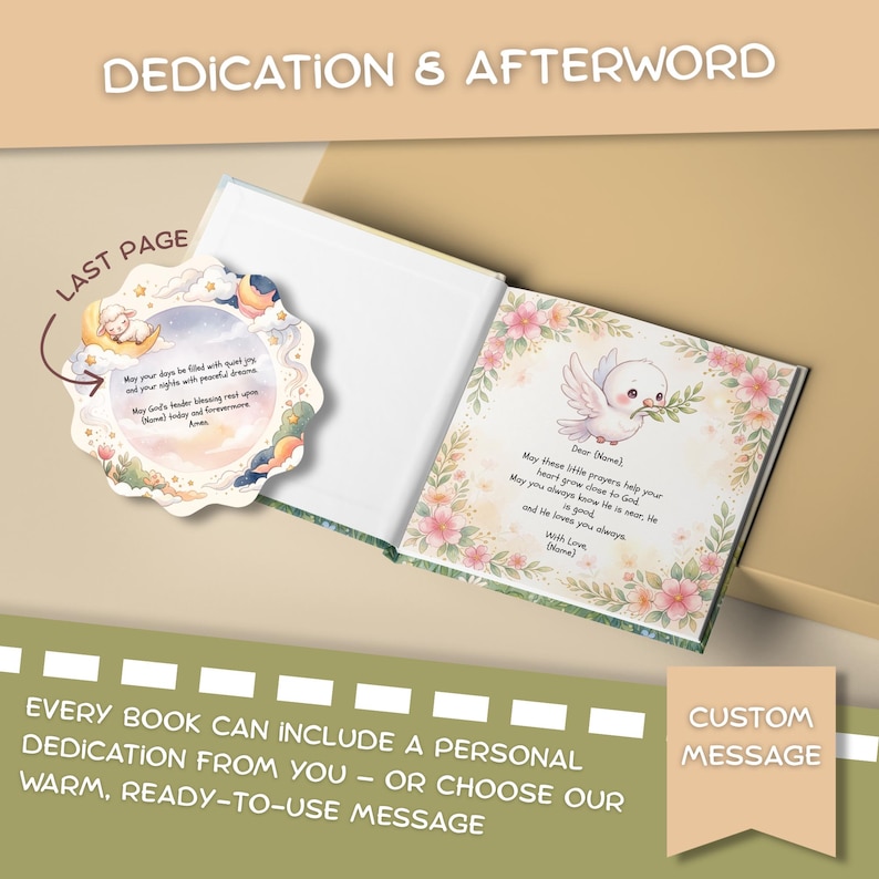 May include: An open book featuring a page with a white dove illustration, pink flowers, and printed text. Beside it, a scalloped circular card displays a lamb on a crescent moon with printed text. The text includes prayers and placeholders for names.