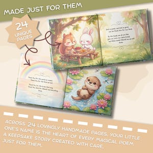 May include: A children's storybook featuring 24 unique pages with colorful illustrations of a squirrel, a rabbit, and an otter. The pages include printed prayers and poems with text such as God is great, and God is good, and we thank Him for our food.