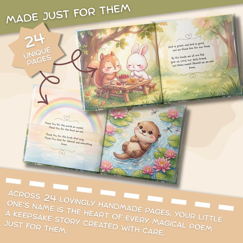 May include: A children's storybook featuring 24 unique pages with colorful illustrations of a squirrel, a rabbit, and an otter. The pages include printed prayers and poems with text such as God is great, and God is good, and we thank Him for our food.