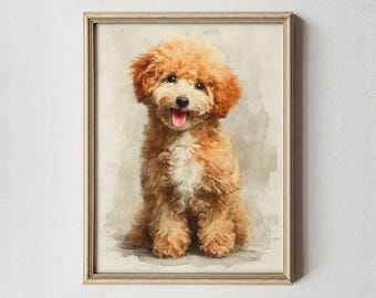トイプードルの水彩画の印刷可能な壁アート、ペットの肖像画、犬の