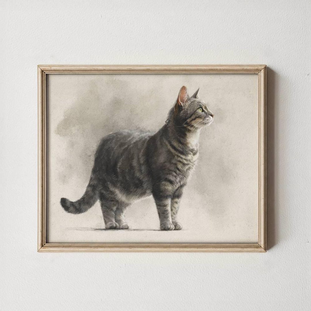 Grey Tabby Cat Wall Art Digital Watercolor Portrait Mixed Breed Cat ...