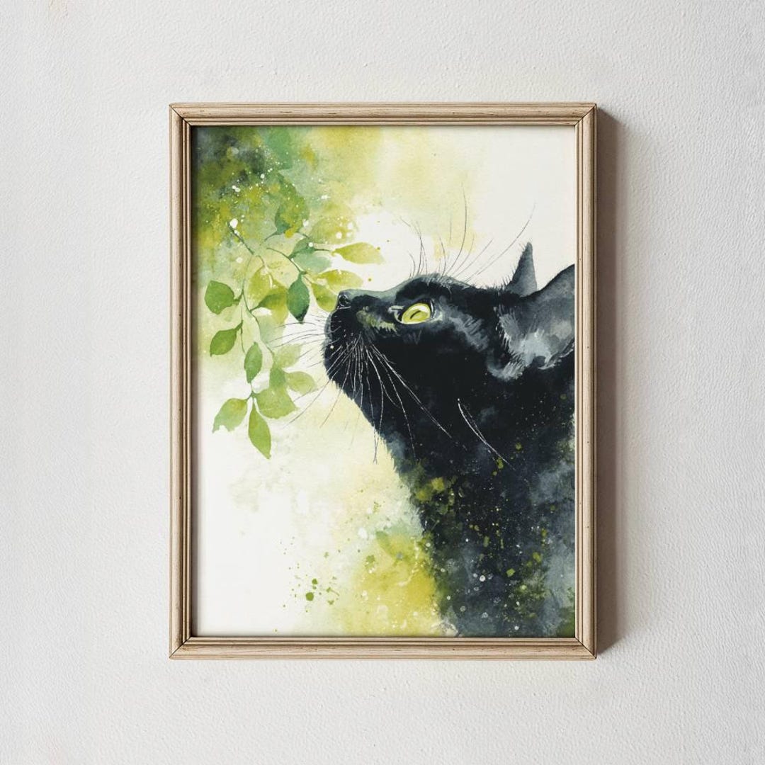 Black Bombay Cat Watercolor Wall Art - Digital Print Leafy Green Decor ...