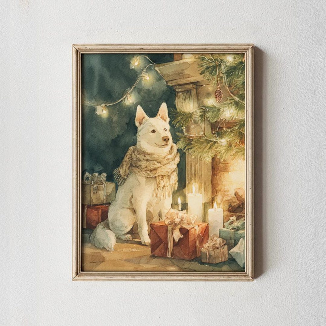 Christmas Dog Art Printable, White Dog Holiday Wall Art, Cozy Winter ...