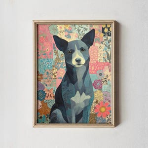 May include: A framed art print featuring a blue and gray dog with a white chest, set against a patchwork floral background in pink, blue, and yellow. The dog is centered, with a light beige frame.