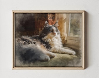 Norwegian Forest Cat Watercolor Painting – Cozy Fluffy Longhair Pet Portrait | Digital Download | Printable Artwork