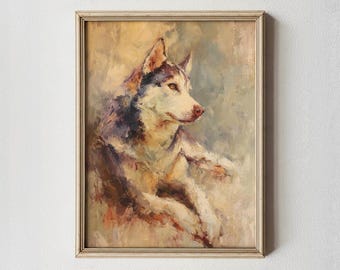 真作保証　ハスキー犬の肖像画 油絵 F8 Valenzuela ハスキー犬の浮世絵風肖像画（日本産ハスキー犬）｜動物肖像画プリント