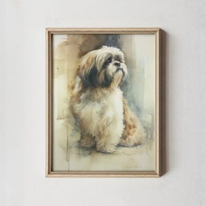May include: A framed watercolor print of a Shih Tzu dog. The dog has long, flowing fur in shades of cream, brown, and black. The artwork is set in a light-colored wooden frame, creating a classic and elegant aesthetic.