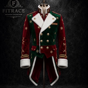 May include: A double-breasted velvet tailcoat featuring a color-blocked design in deep red and forest green. The coat is adorned with gold snowflake embroidery, gold-toned buttons, and white faux fur trim on the collar and sleeve cuffs.