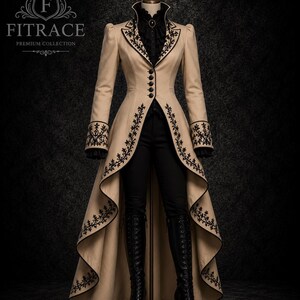 Gothic Victorian Cotton Coat Women Beige Black Embroidered Tailcoat Jacket Steampunk Costume Renaissance Cosplay Long Military Coat