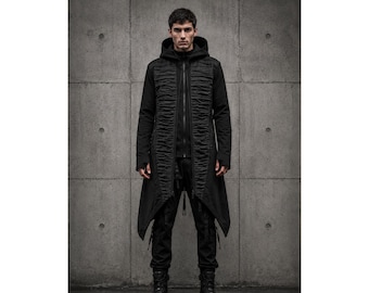 Black Techwear Coat Men Cyberpunk Hooded Jacket Avant Garde Trench Outerwear Futuristic Gothic Streetwear
