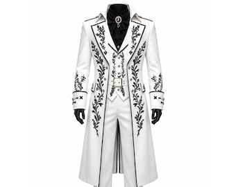 Men's White Gothic Tailcoat Set with Black Embroidery – Victorian Steampunk PVC Ensemble