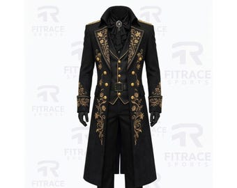 Black Cotton Tailcoat with Gold Embroidery – Gothic Victorian Steampunk Jacket