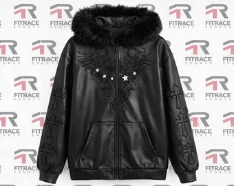 Black Leather Hoodie Fur Hood Gothic Jacket Cross Design Winter Streetwear Unisex Coat