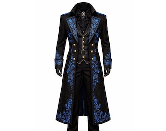 Men's Black Victorian Tailcoat with Blue Embroidery – Gothic Steampunk Aristocrat Jacket