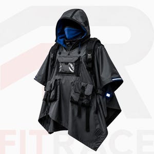 May include: Black tactical poncho with a hood, multiple pockets, and a backpack-style design. The interior of the hood is blue, and the poncho has reflective accents. The poncho has a built-in face covering.