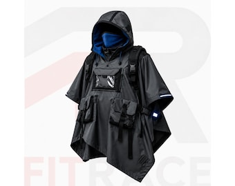 Futuristische Techwear Poncho-Jacke Cyberpunk-Kapuzen-Regen-Umhang Taktischer diensttauglicher Umhang Wasserdichter Streetwear-Outfit Tech Ninja Festival Wear