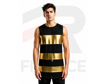 Men's Black Gold Stripe Lycra PVC Tank Top – Futuristic Streetwear Festival Shirt