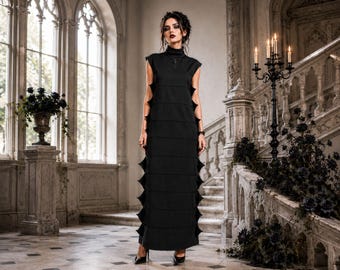 Avant Garde Black Maxi Dress Gothic Gown Futuristic High Neck Statement Clothing Techwear Witchy Goth Dress Halloween Long Layered Gown
