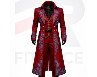 Men's Victorian Red Embroidered Cotton Tailcoat – Gothic Wedding, Steampunk Formal Wear