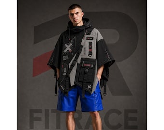 Poncho felpato Techwear da uomo / Mantello tattico cyberpunk / Streetwear ninja gotico / Mantello utility Harajuku / Giacca da festival d'avanguardia