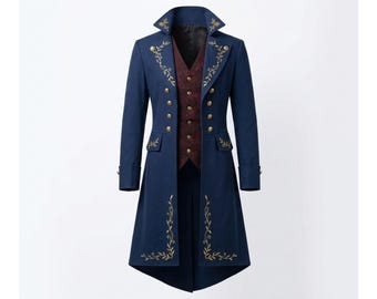 Men’s Navy Victorian Tailcoat Steampunk Gothic Military Coat Renaissance Wedding Cosplay Costume