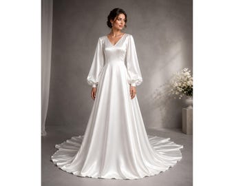 White Satin Bishop Sleeve Bridal Gown | Elegant V-Back Wedding Dress
