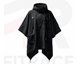 Black Techwear Hooded Poncho Utility Coat – Gothic Renaissance Steampunk Style