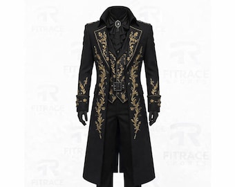 Men's Black Gothic Victorian Tailcoat with Gold Floral Embroidery – Steampunk Military Hussar Jacket